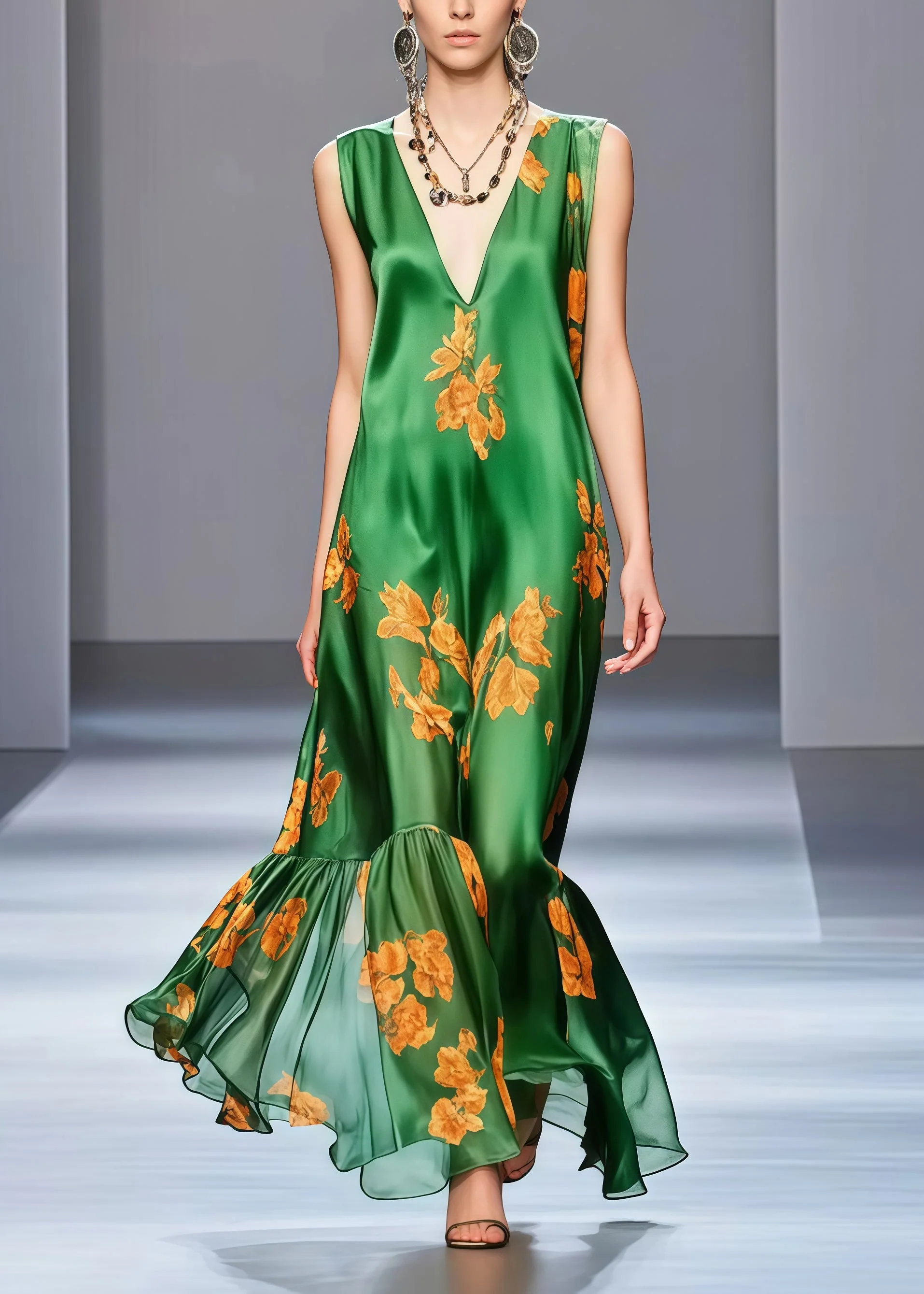 Fine Tea Green V Neck Print Silk Vacation Dresses Sleeveless - Image 3