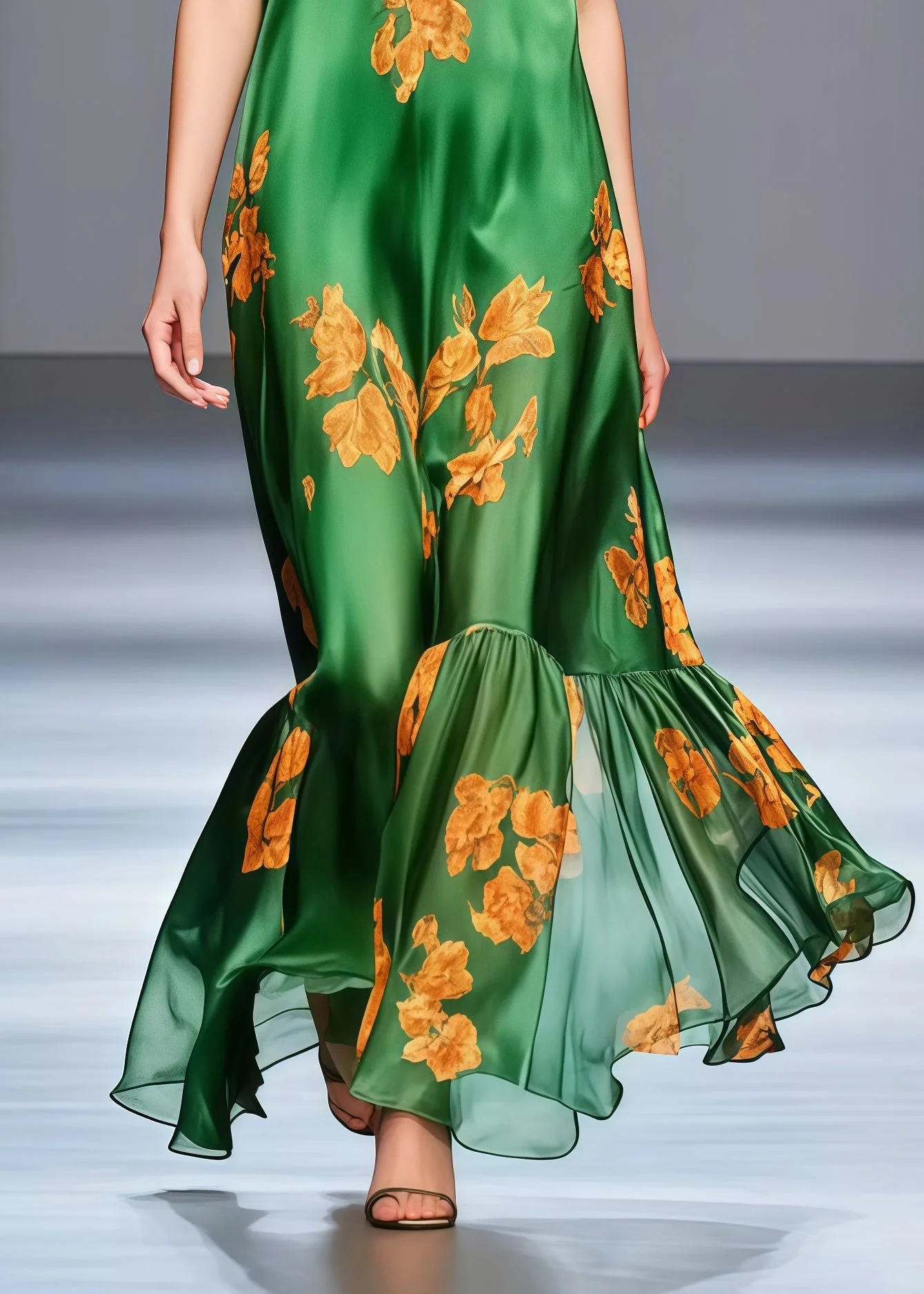 Fine Tea Green V Neck Print Silk Vacation Dresses Sleeveless - Image 4