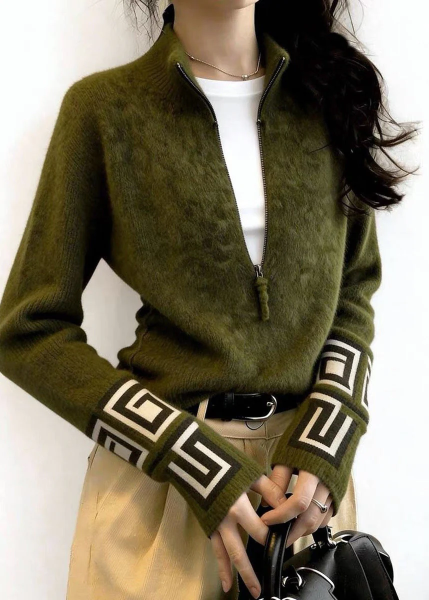 Fine Tea Green Zip Up Print Knit Sweater Tops Winter - Image 2