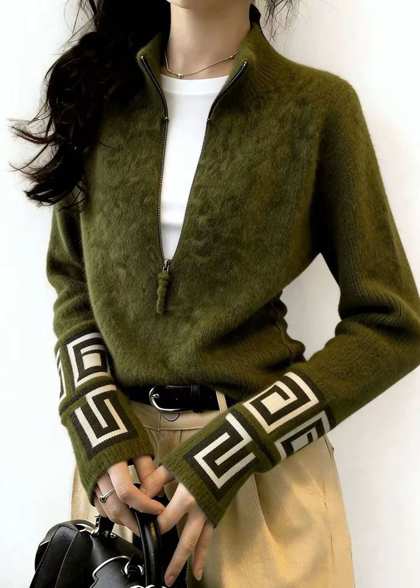 Fine Tea Green Zip Up Print Knit Sweater Tops Winter - Image 3