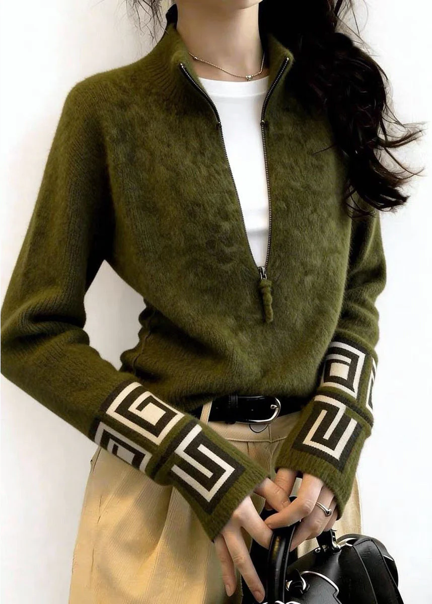 Fine Tea Green Zip Up Print Knit Sweater Tops Winter - Image 4