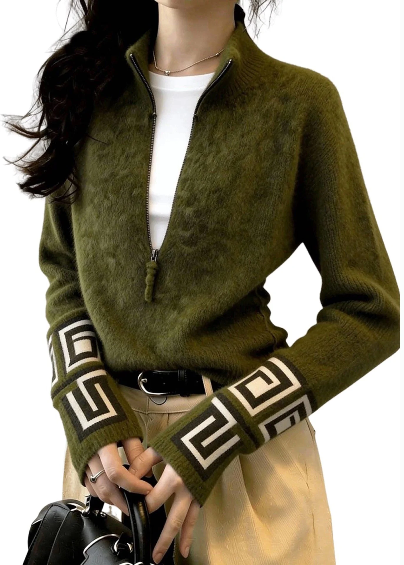 Fine Tea Green Zip Up Print Knit Sweater Tops Winter - Image 5
