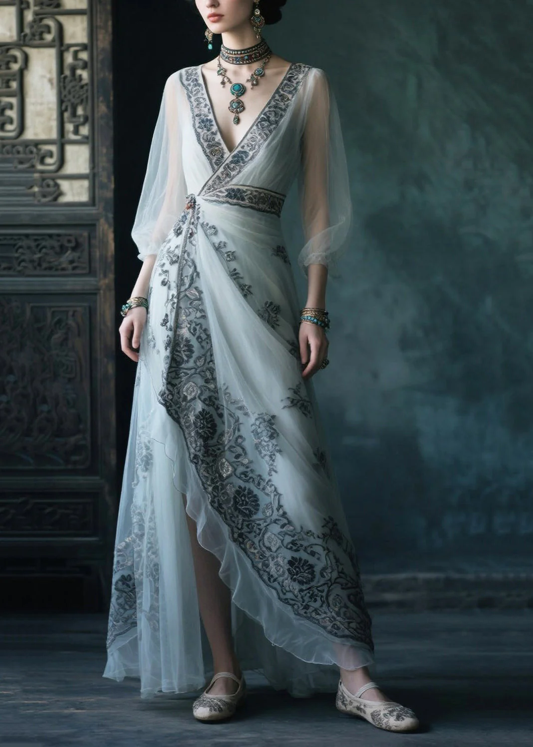 Fine White Asymmetrical Print Chiffon Ankle Dress Summer - Image 3