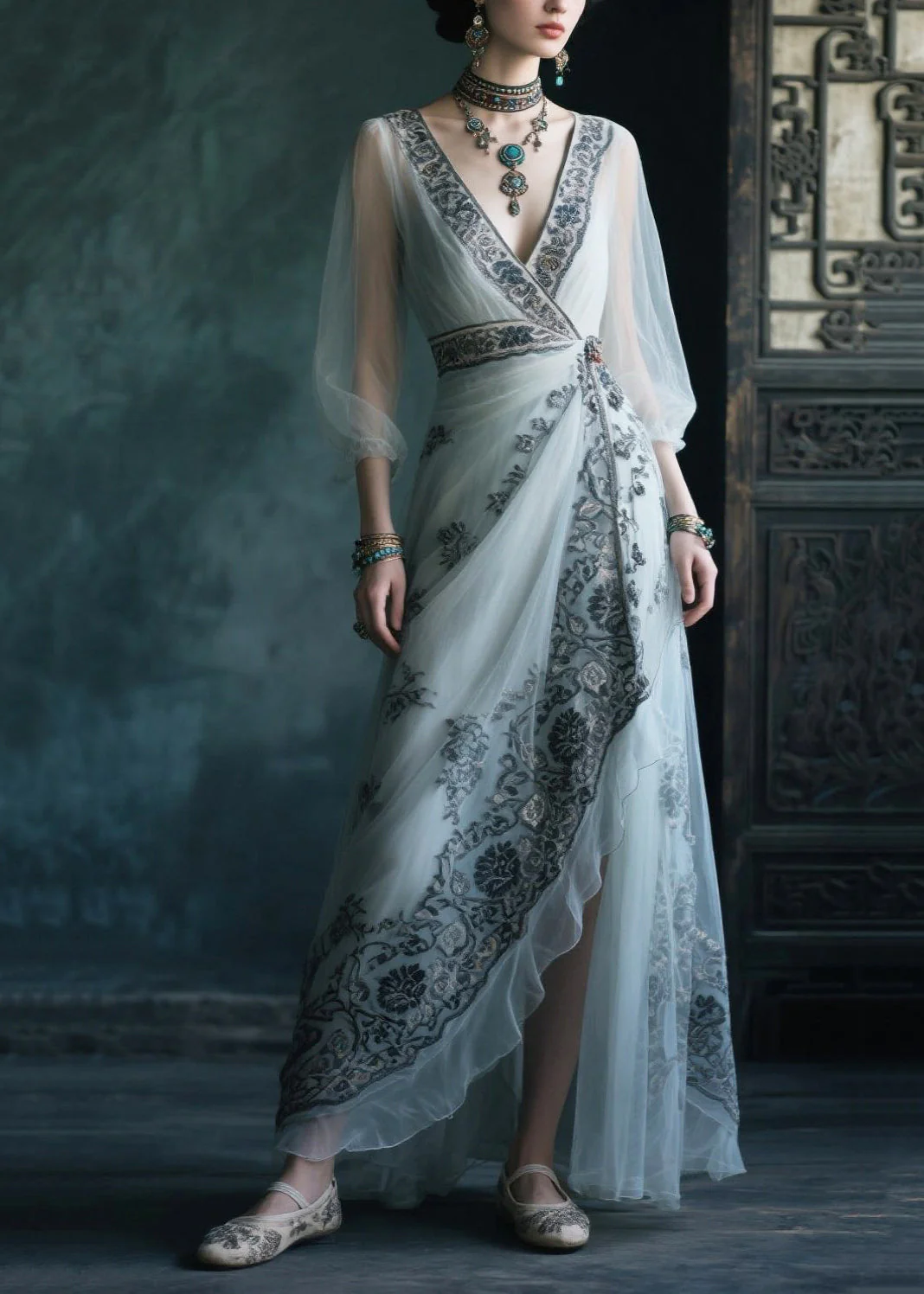 Fine White Asymmetrical Print Chiffon Ankle Dress Summer - Image 5