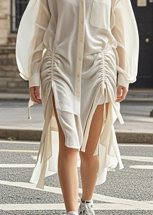 Fine White Cinched Low High Design Cotton Mid Dress Spring - Image 4