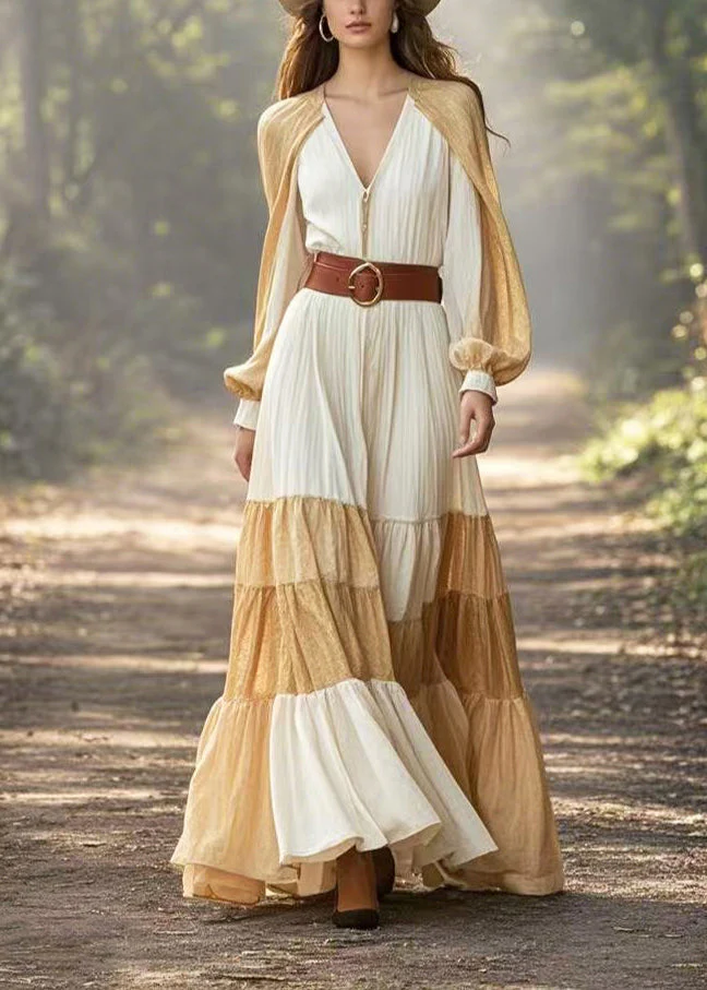 Fine White Cinched Patchwork Cotton Dresses Cloak Sleeves - Image 3