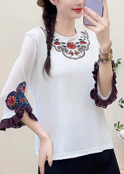 Fine White Embroidered Floral Cotton Shirts Flare Sleeve - Image 2