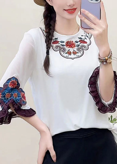 Fine White Embroidered Floral Cotton Shirts Flare Sleeve - Image 3