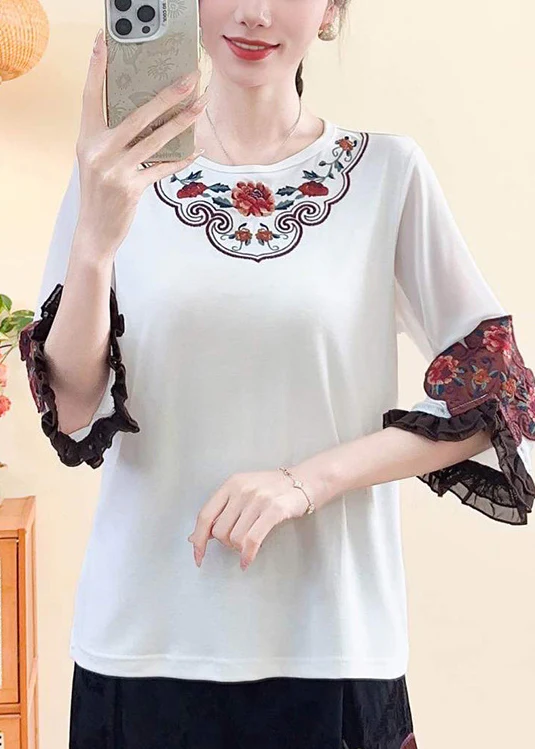 Fine White Embroidered Floral Cotton Shirts Flare Sleeve - Image 4