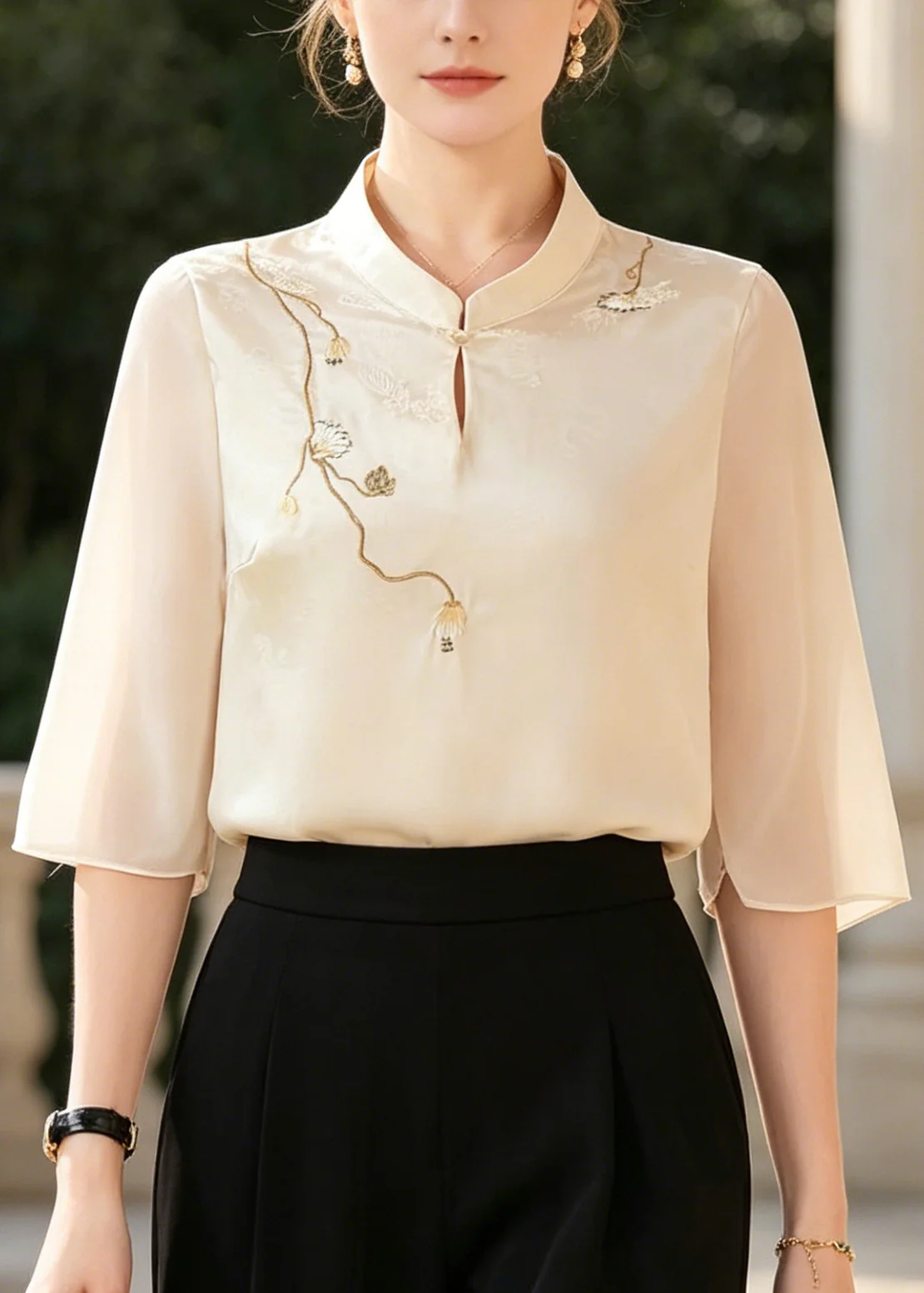 Fine White Embroidered Jacquard Silk Oriental Tops Half Sleeve - Image 3