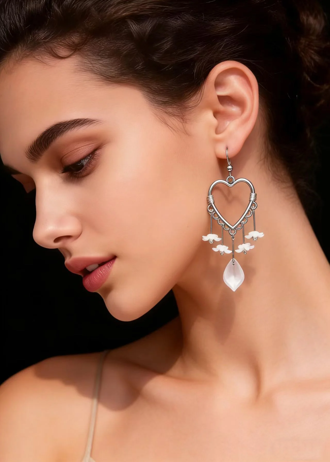 Fine White Flower Acrylic Heart-shaped Long Drop Earrings - Image 3