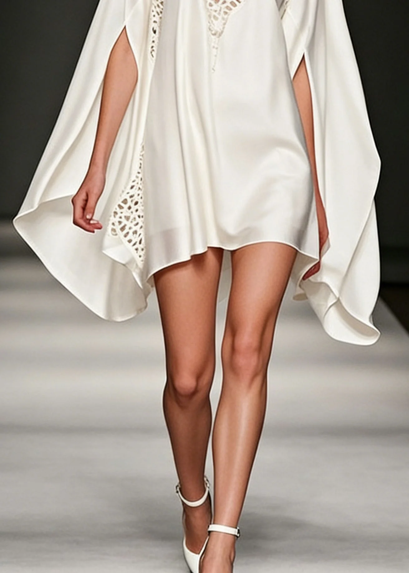 Fine White Hollow Out Lace Silk Dress Batwing Sleeve - Image 4