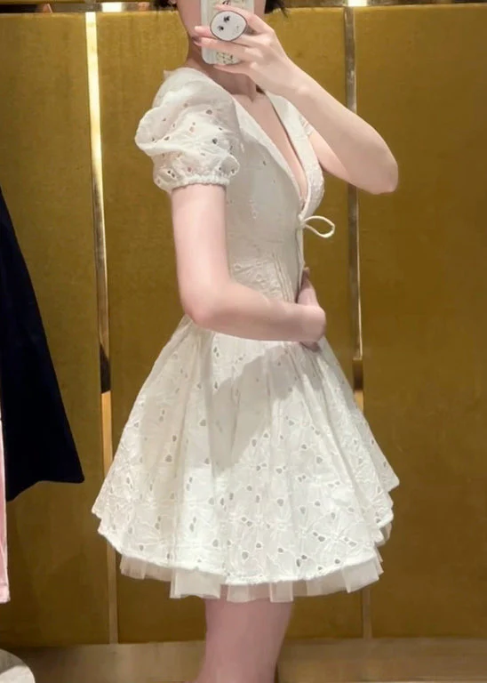 Fine White Hollow Out Tulle Patchwork Mini Dresses Summer - Image 3