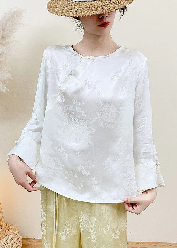 Fine White Jacquard Chinese Button Silk Shirt Top Spring - Image 2