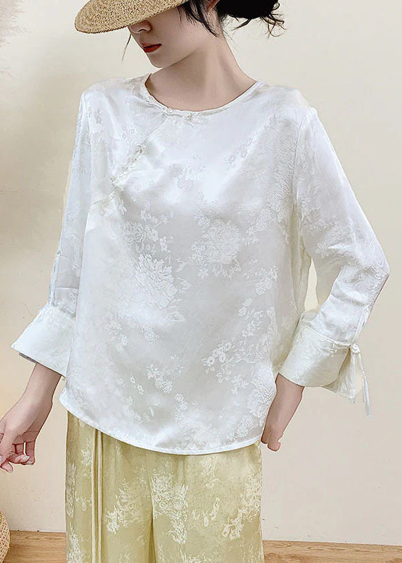 Fine White Jacquard Chinese Button Silk Shirt Top Spring - Image 4