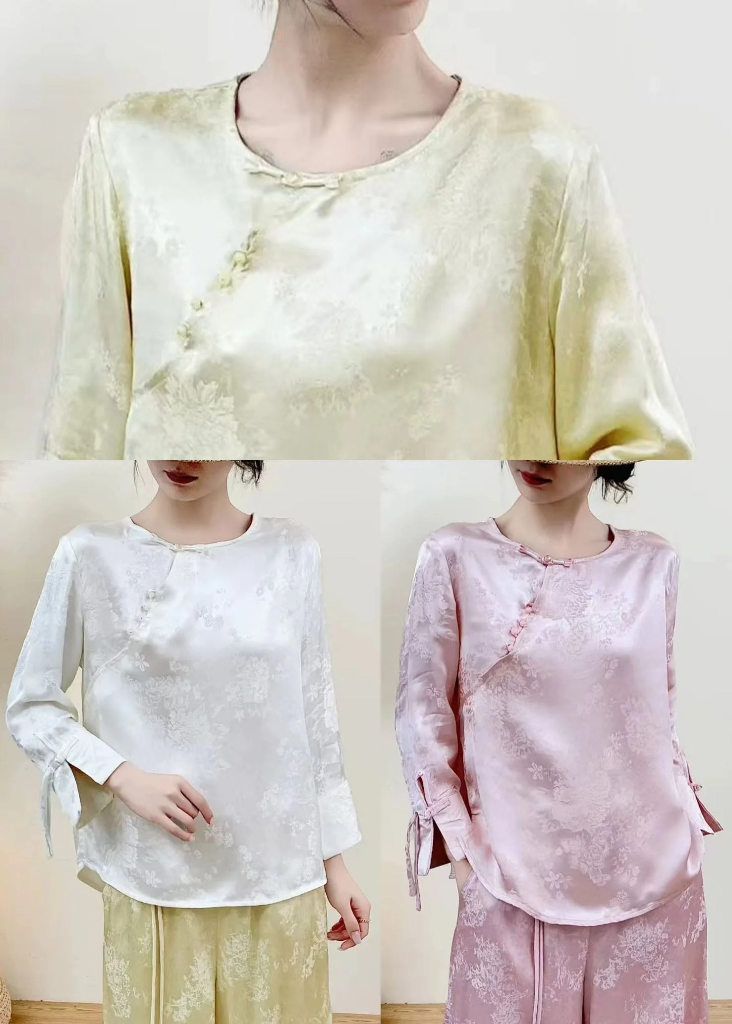 Fine White Jacquard Chinese Button Silk Shirt Top Spring - Image 5