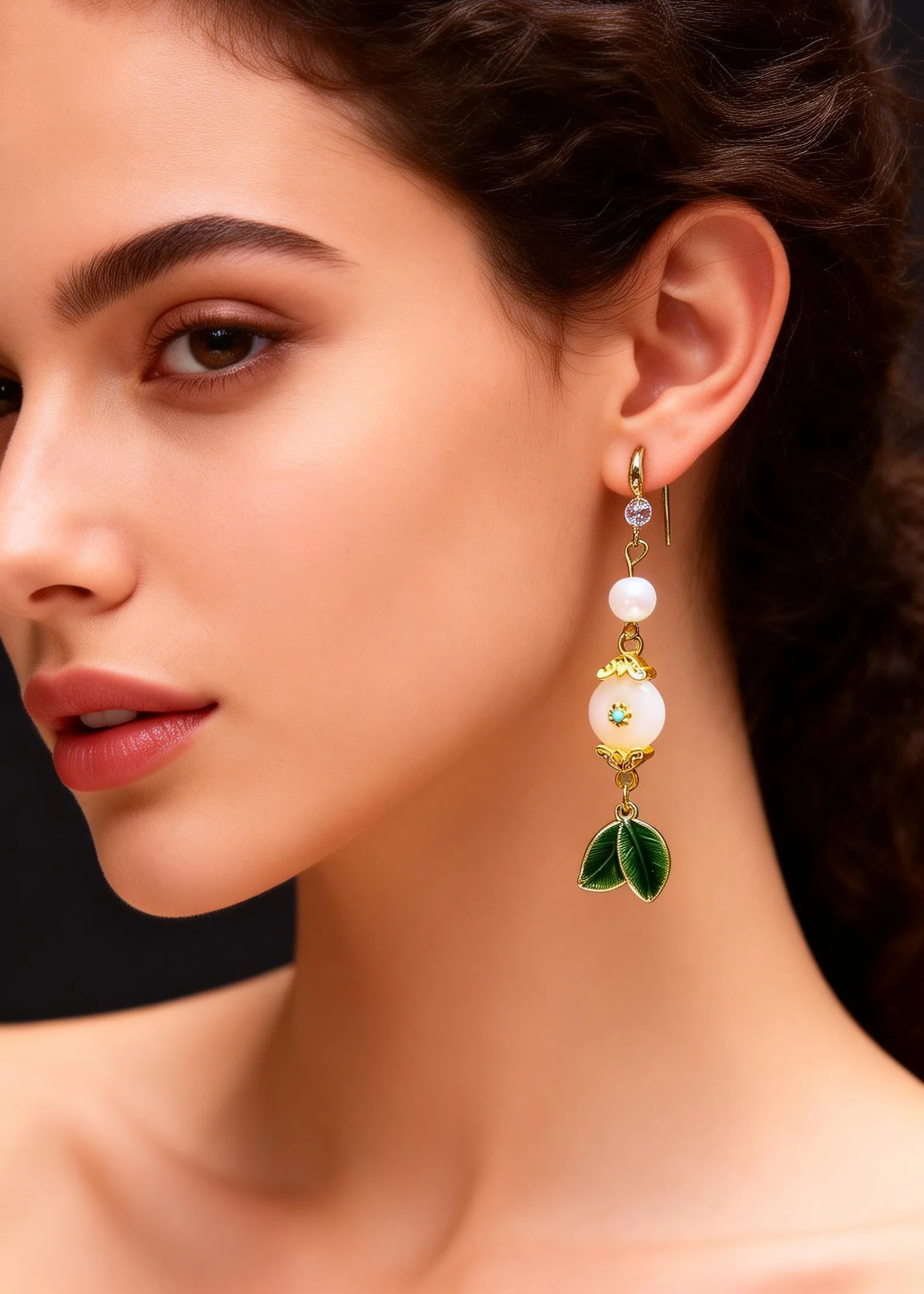 Fine White Jade Green Leaf Metal Drop Earrings - Image 3