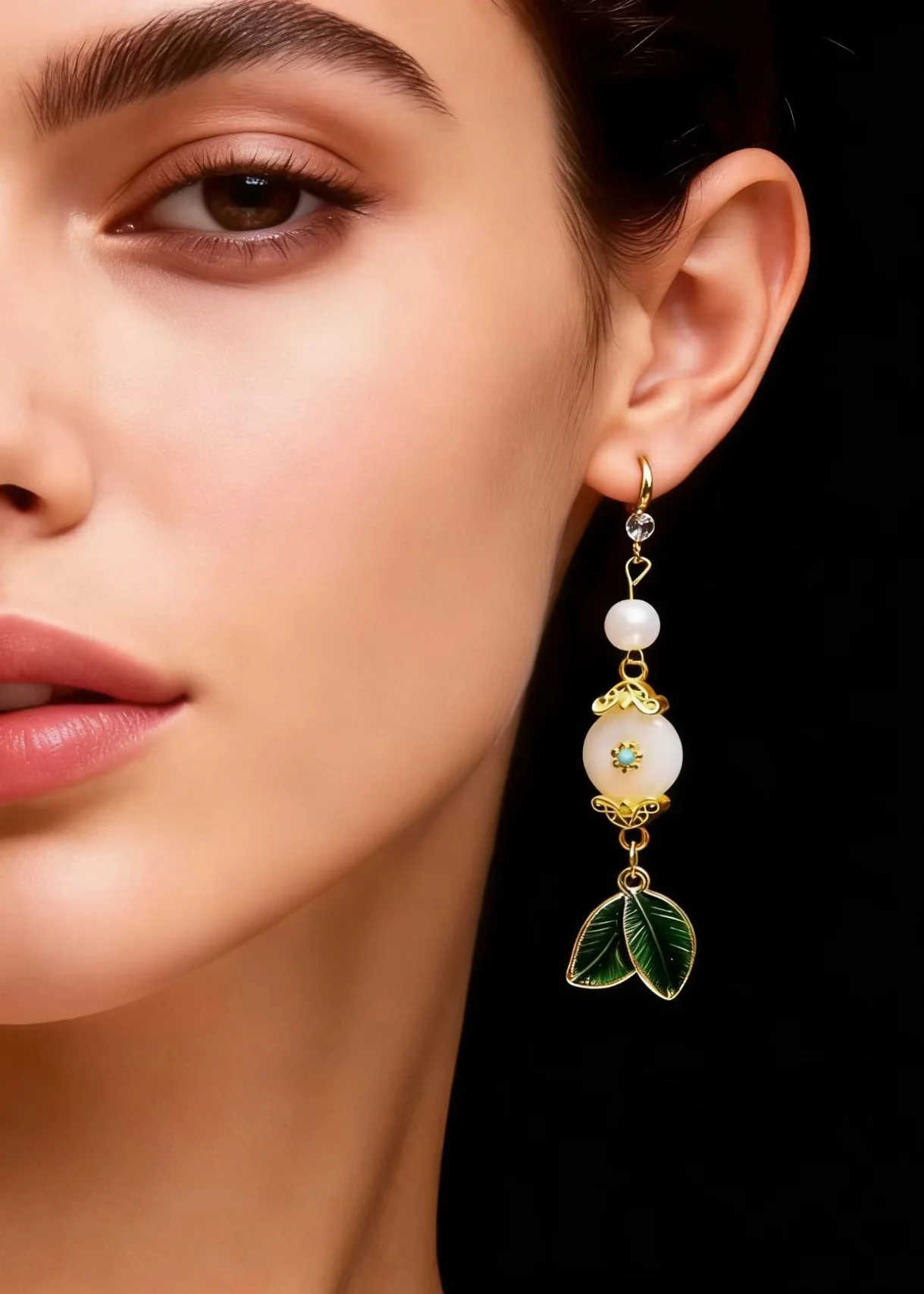 Fine White Jade Green Leaf Metal Drop Earrings - Image 4