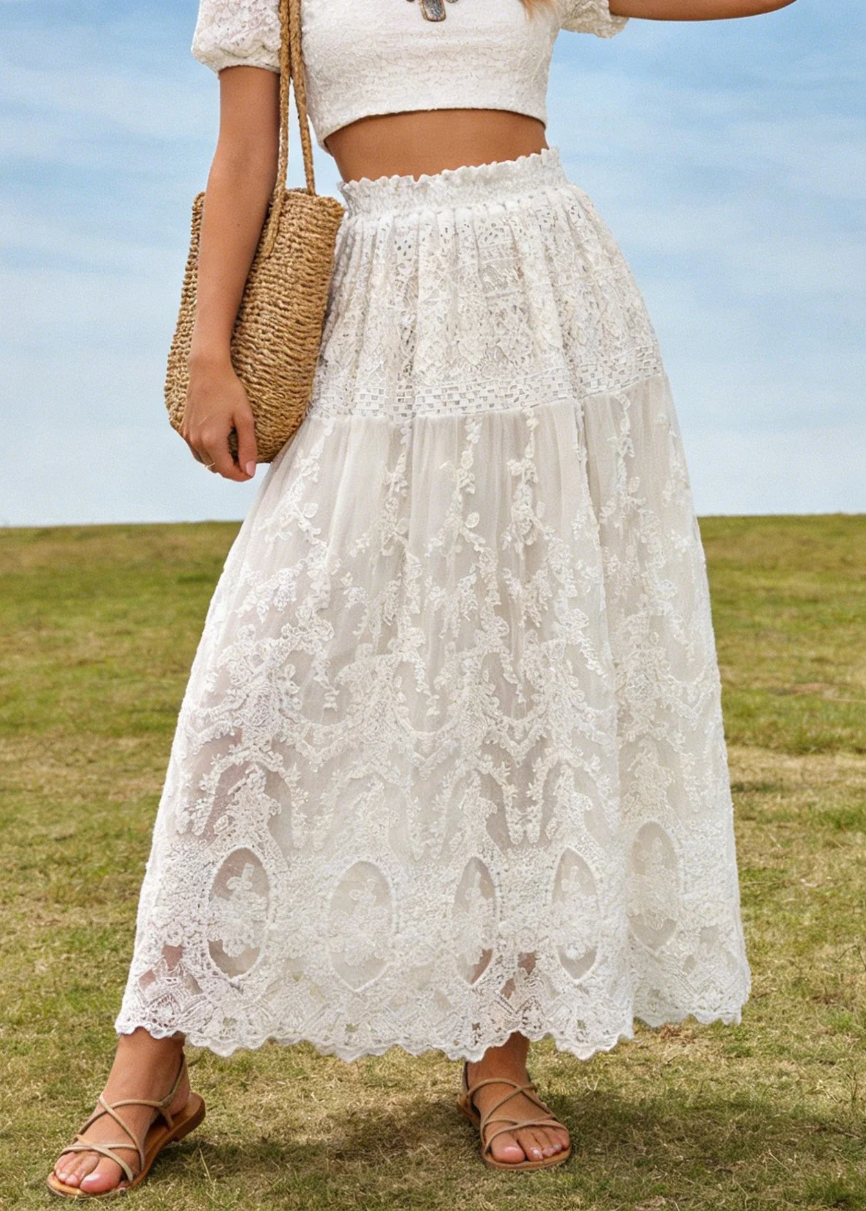 Fine White Lace Embroidered Wrinkled Tulle Skirt Summer - Image 3