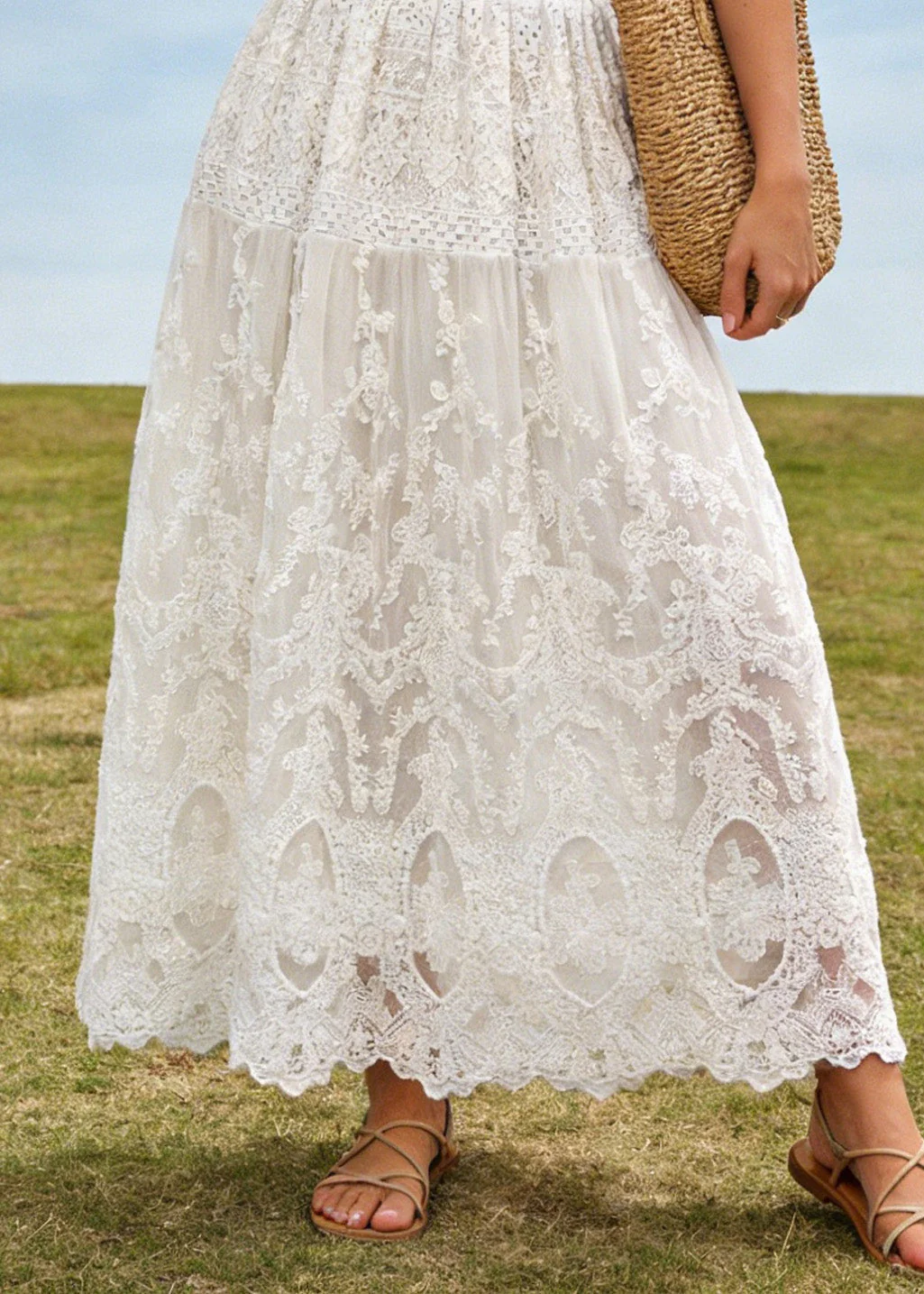 Fine White Lace Embroidered Wrinkled Tulle Skirt Summer - Image 4