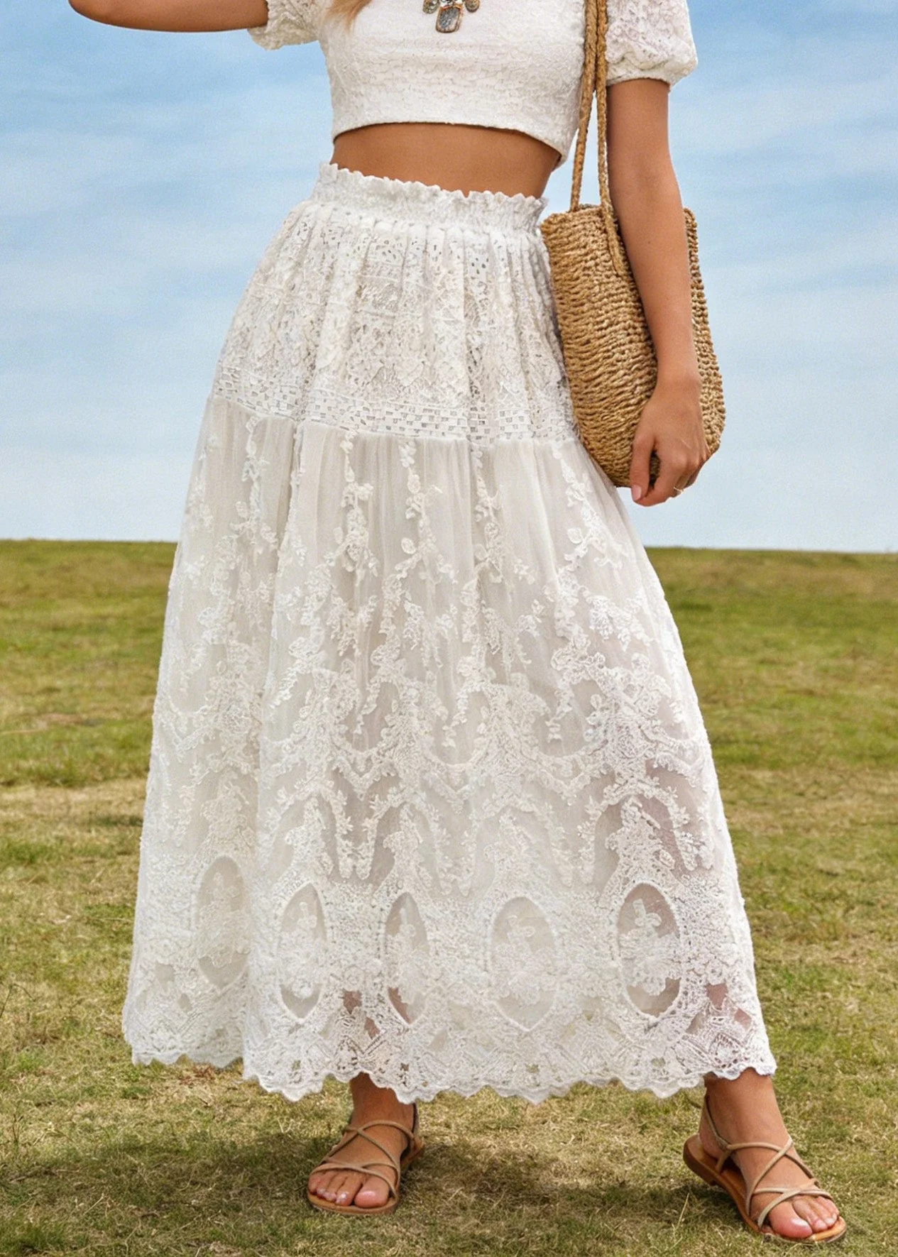 Fine White Lace Embroidered Wrinkled Tulle Skirt Summer - Image 5
