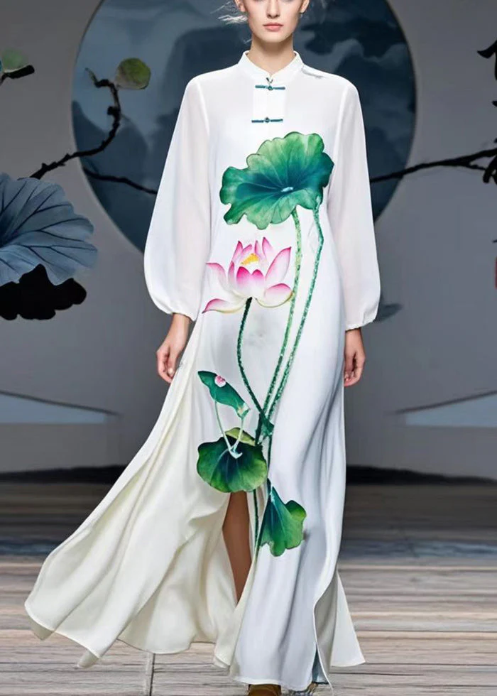 Fine White Lotus Print Side Open Chiffon Long Dresses Spring - Image 5