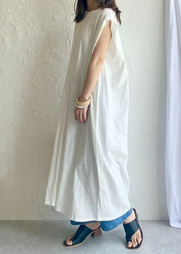 Fine White O Neck Patchwork Cotton Dress Sleeveless - Image 2