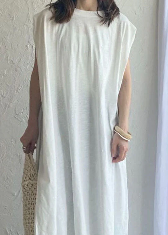 Fine White O Neck Patchwork Cotton Dress Sleeveless - Image 3