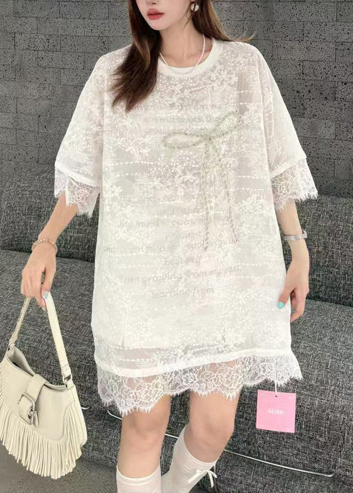 Fine White Oversized Patchwork Bow Lace Day Dress Summer - Image 3