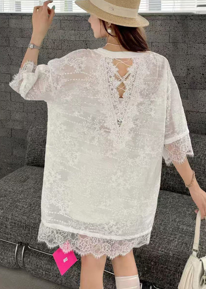 Fine White Oversized Patchwork Bow Lace Day Dress Summer - Image 4