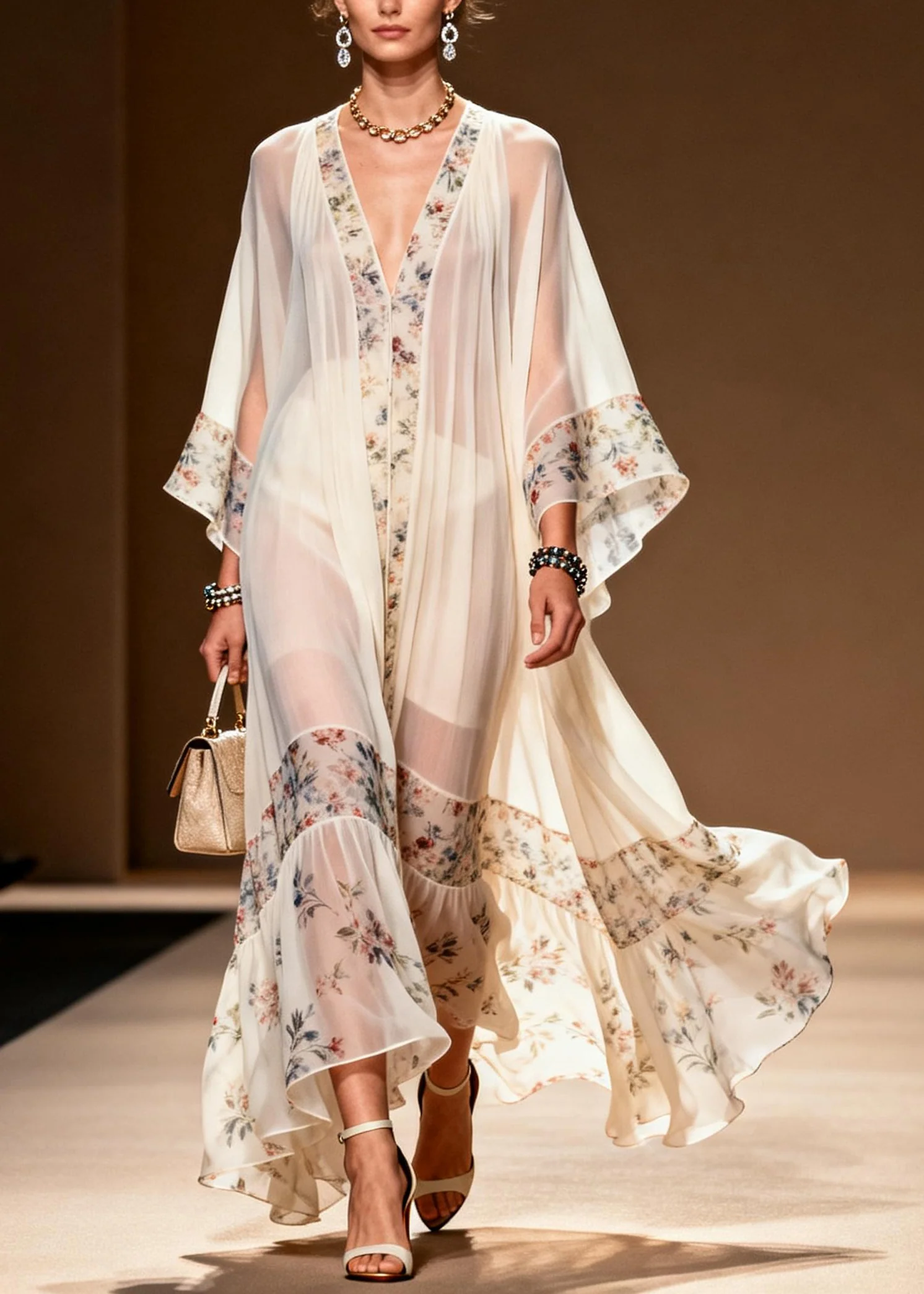 Fine White Oversized Patchwork Print Chiffon Party Dress Summer - Image 3