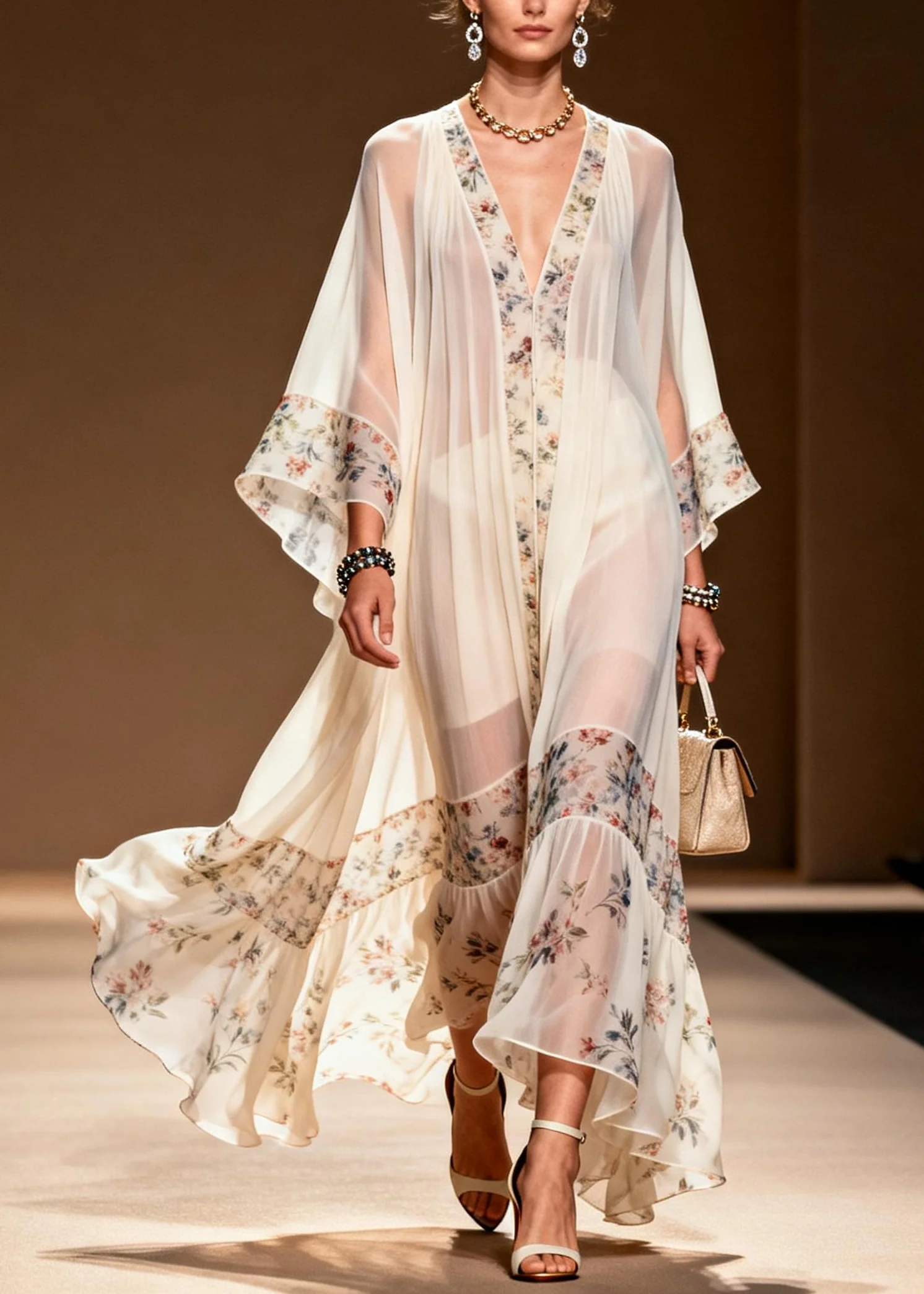 Fine White Oversized Patchwork Print Chiffon Party Dress Summer - Image 5