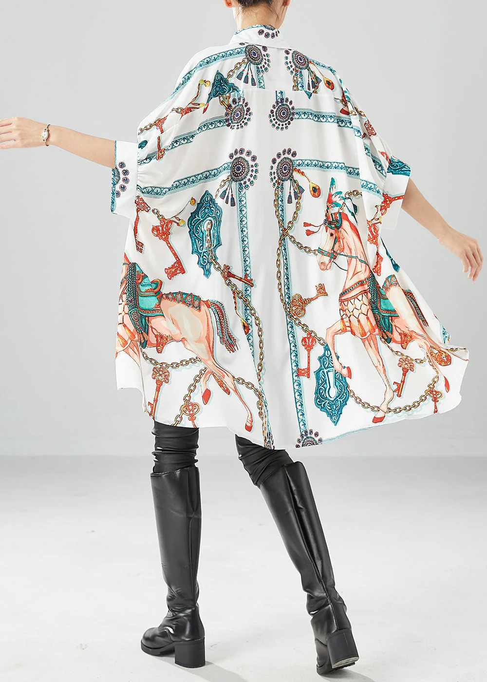Fine White Oversized Print Silk Maxi Dresses Batwing Sleeve - Image 3