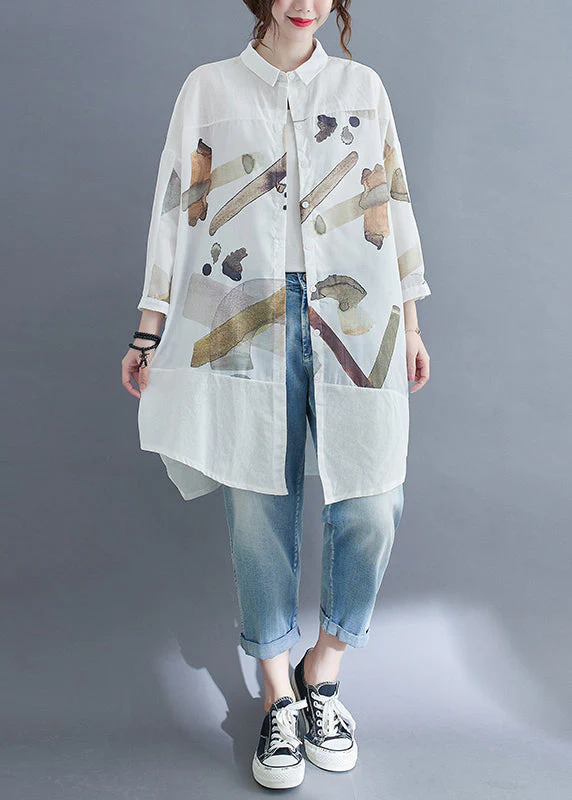 Fine White Print Patchwork Cotton Shirt Dress Fall - Image 2