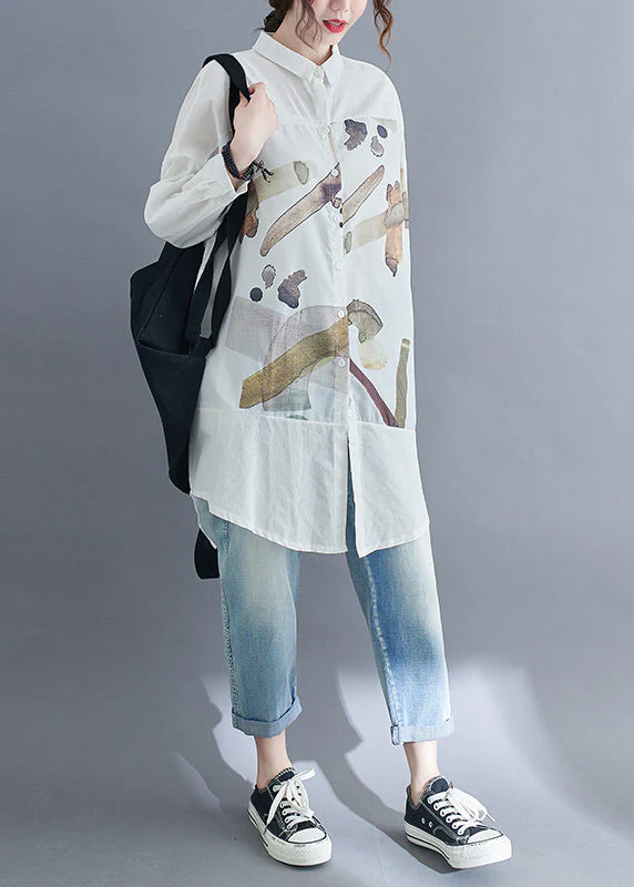 Fine White Print Patchwork Cotton Shirt Dress Fall - Image 3