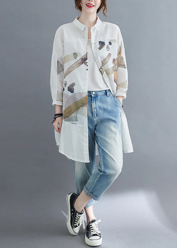 Fine White Print Patchwork Cotton Shirt Dress Fall - Image 4