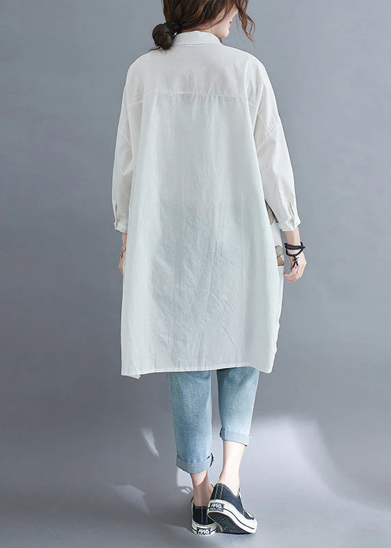 Fine White Print Patchwork Cotton Shirt Dress Fall - Image 5