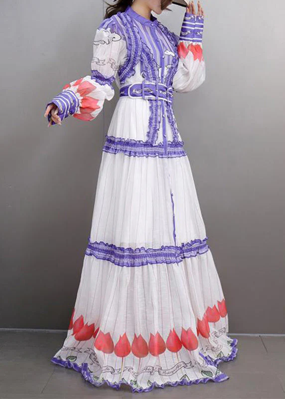 Fine White Stand Collar Ruffled Button Maxi Dress Lantern Sleeve - Image 3