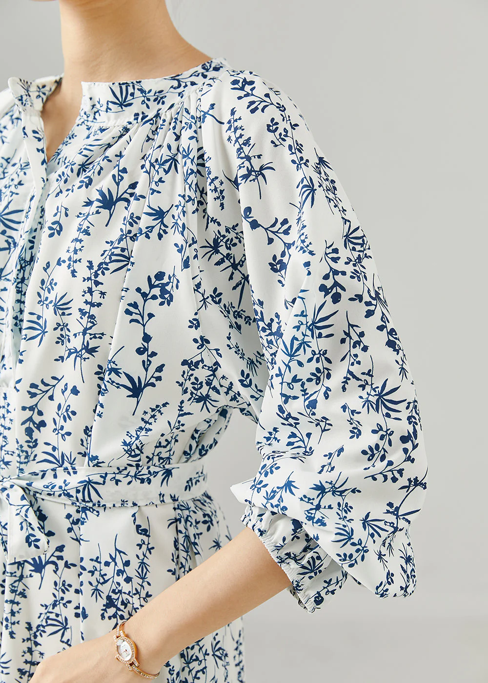 Fine White Tie Waist Print Chiffon Tea Dress Spring - Image 5
