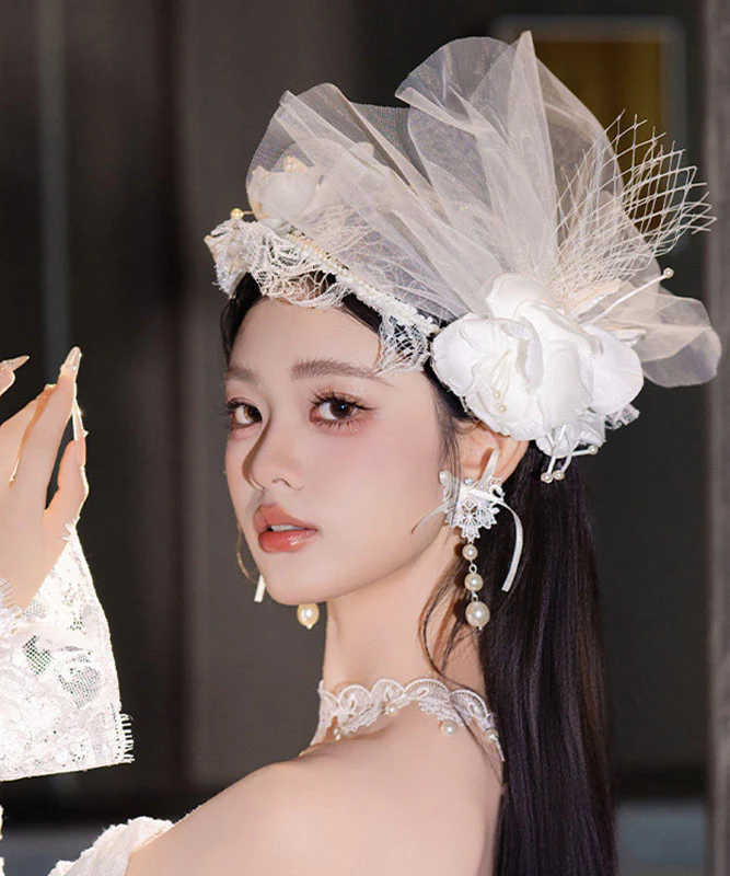 Fine White Tulle Patchwork Lace Pearl Floral HairPiece - Image 4