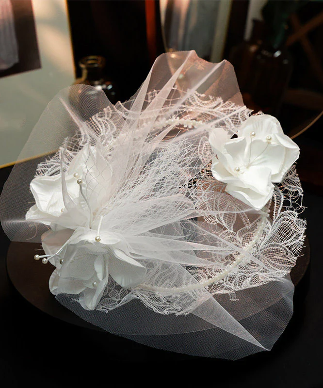 Fine White Tulle Patchwork Lace Pearl Floral HairPiece - Image 5