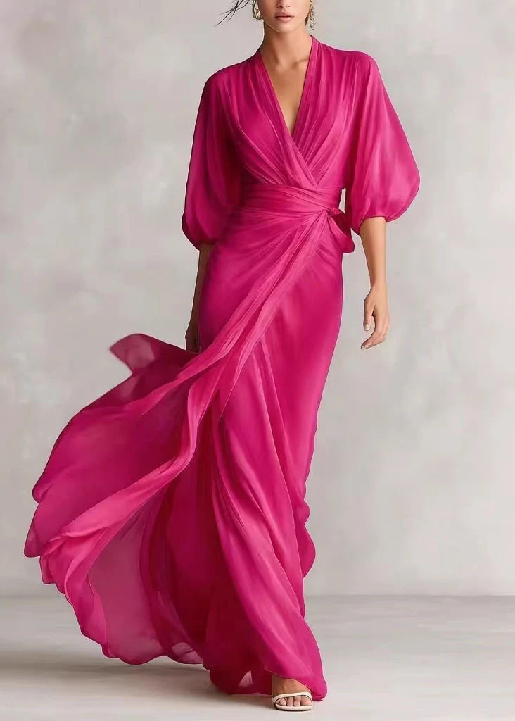 Fine White V Neck Chiffon Maxi Dresses Lantern Sleeve - Image 3