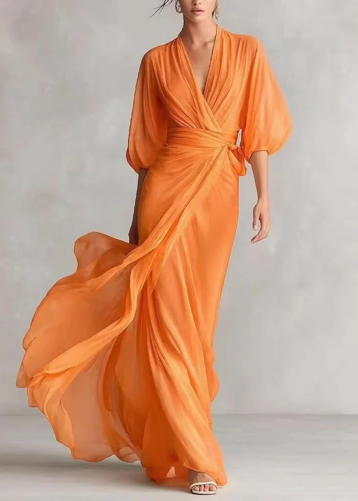 Fine White V Neck Chiffon Maxi Dresses Lantern Sleeve - Image 4