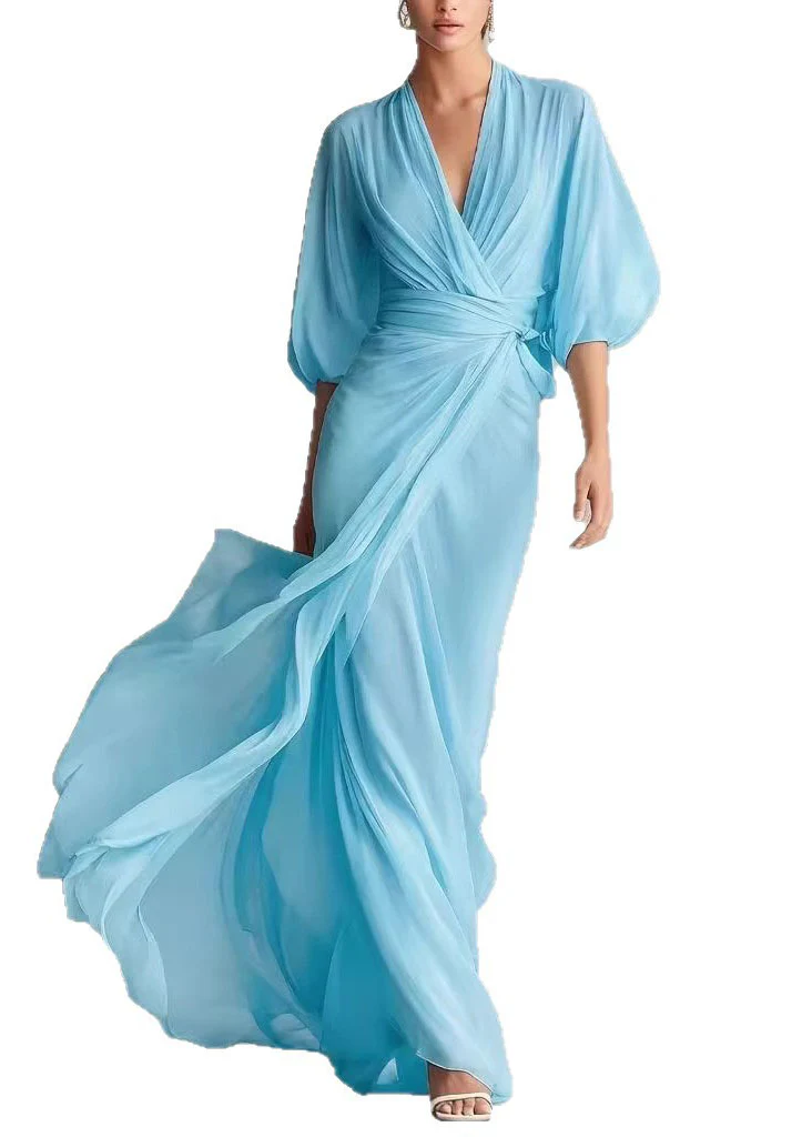 Fine White V Neck Chiffon Maxi Dresses Lantern Sleeve - Image 5