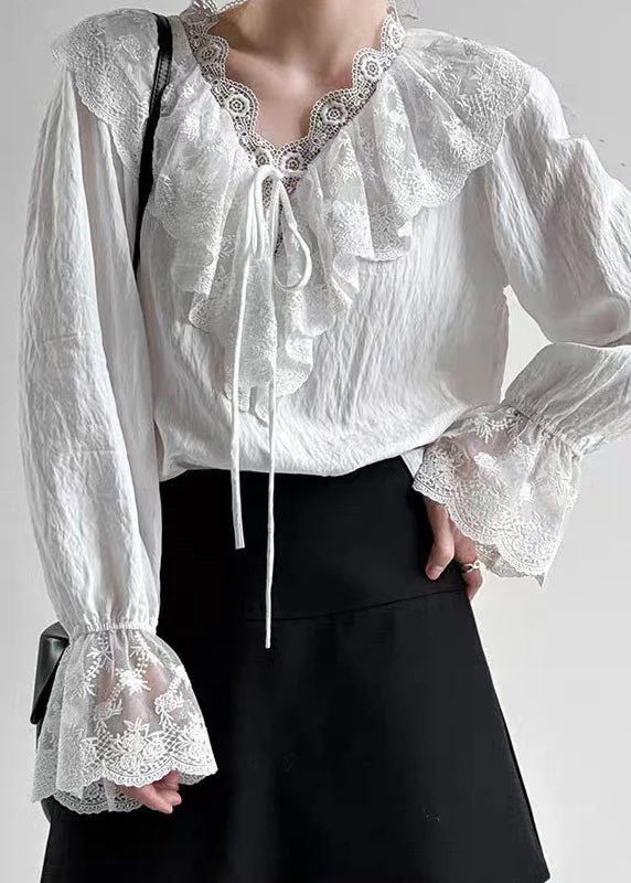 Fine White V Neck Lace Patchwork Shirts Flare Sleeve