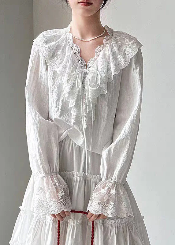 Fine White V Neck Lace Patchwork Shirts Flare Sleeve - Image 2