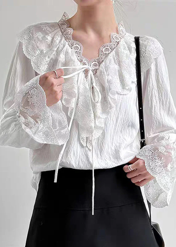 Fine White V Neck Lace Patchwork Shirts Flare Sleeve - Image 3