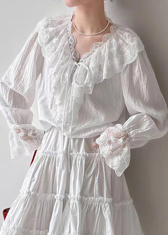 Fine White V Neck Lace Patchwork Shirts Flare Sleeve - Image 4