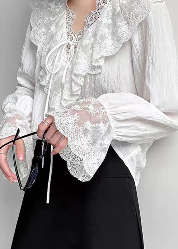 Fine White V Neck Lace Patchwork Shirts Flare Sleeve - Image 5