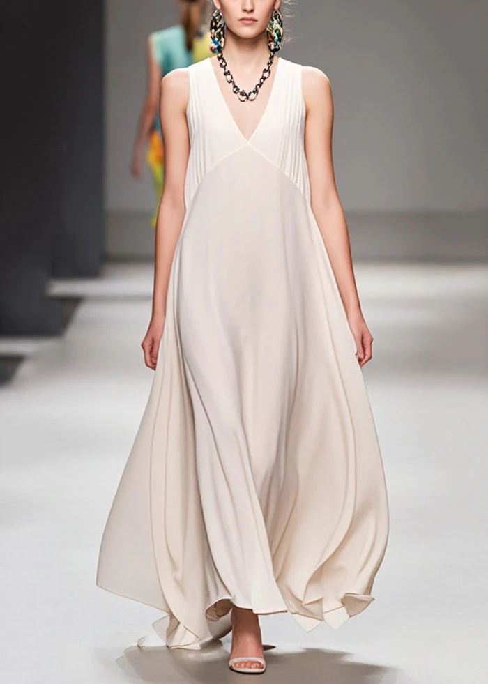 Fine White V Neck Patchwork Draping Chiffon Dresses Sleeveless - Image 3